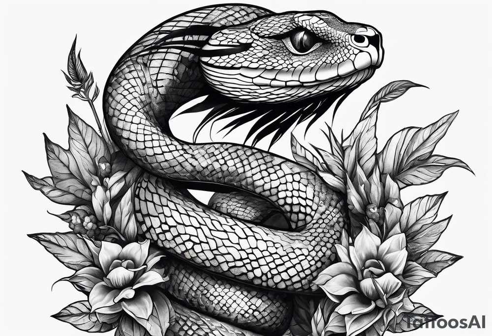 sleeve tattoo with a snake, gun, weed symbol tattoo idea