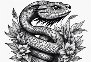 sleeve tattoo with a snake, gun, weed symbol tattoo idea