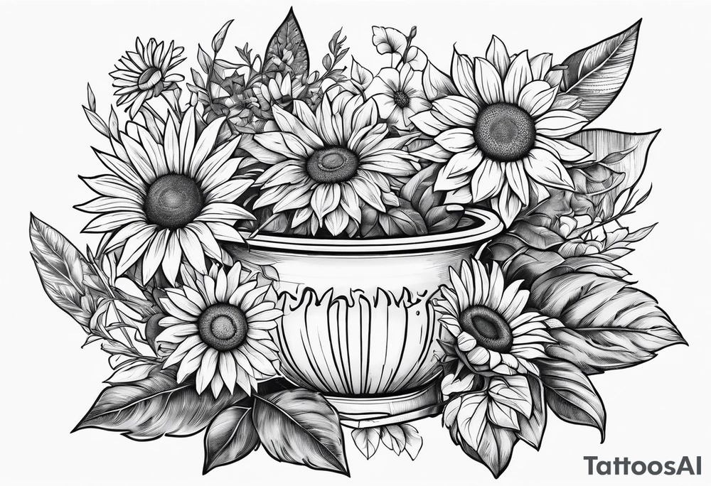 7 leaf pot leaf, daisies, and sunflowers bouquet tattoo idea