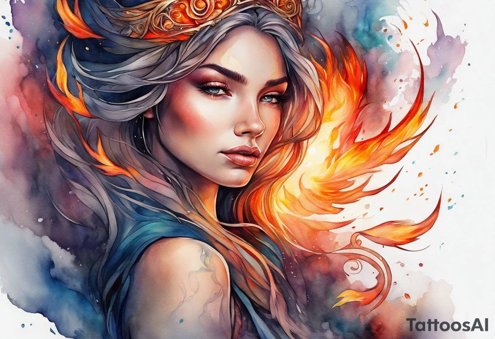 Resurrection strength and courage overcoming trauma Beautiful Woman leaving a world of fire, chaos and fear  to inner peace and self-love  ethereal tattoo idea