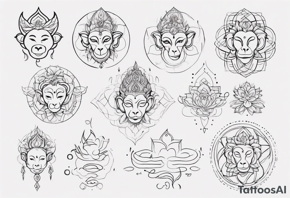 Creat a feminine line art tattoo. Single line. Images include monkey icon, pie icon, the Thai symbol for ten, and the breathe yoga symbol. Put icons in a long single line and keep them separate. Connect with dots and dashes. tattoo idea