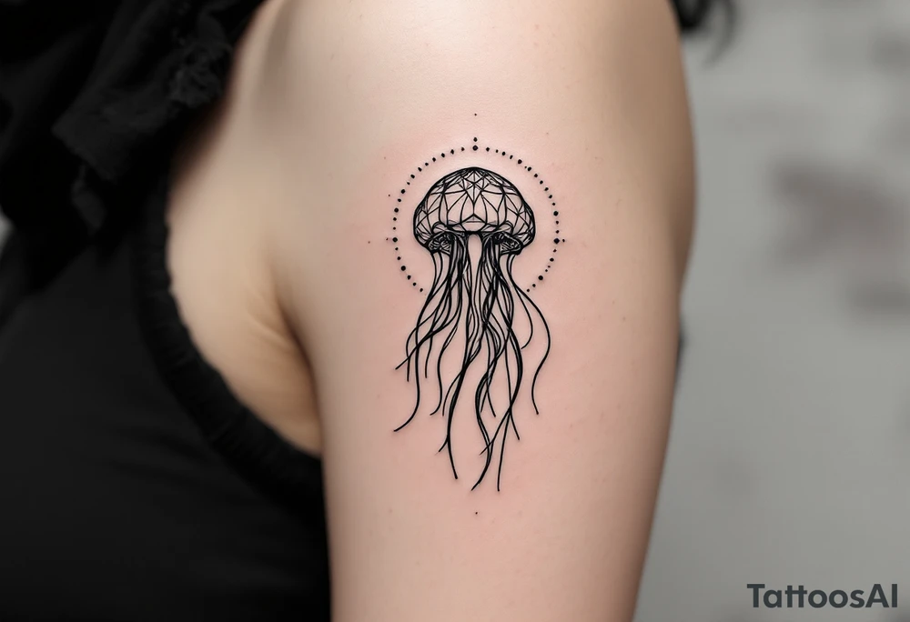 minimal fine-line tattoo, single jellyfish, sacred geometry surround, dotwork patterns, jellyfish bell dome, flowing tentacles, trailing streamers, geometric mandala, radiating dotwork, minimalist design, black grey lines, soft shading, no outlines, geometric frame, organic jellyfish form, upper arm shoulder placement, light airy feel, delicate linework, geometric backdrop, clean lines, radiating patterns, simple jellyfish centerpiece, minimalist tattoo idea