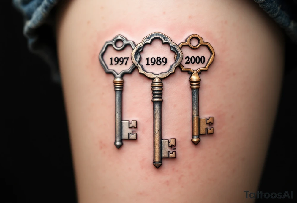 Three delicate keys in silver, bronze, and gold, each engraved with an important date "1997; 1989; 2000" tattoo idea