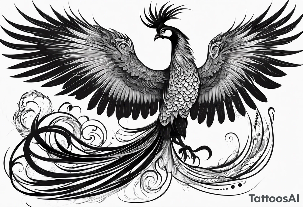 graceful asian style phoenix with extra long tail feathers and a long neck tattoo idea