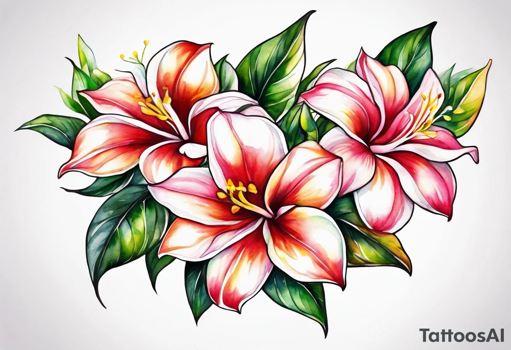 white background, abstract mandevilla flowers on a vine, part of it watercolor, part of it just line work tattoo idea