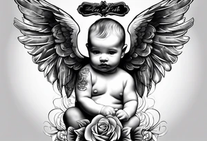 baby with one angel Name Leah written under in gothic letters. tattoo idea