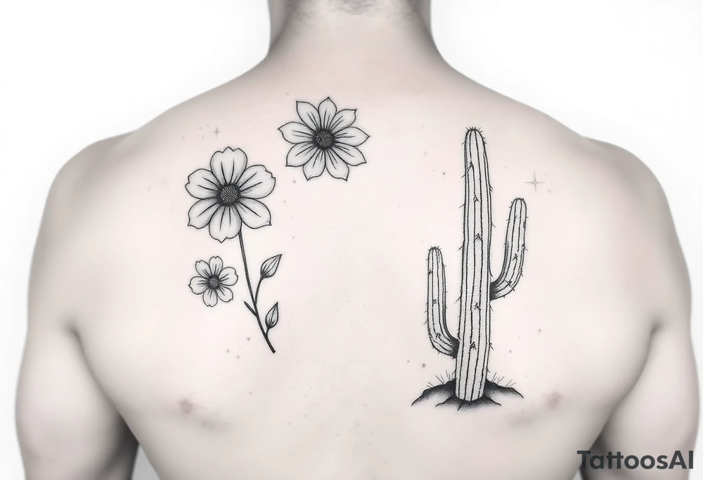 Birth flower for June July December for my kids and a cactus to represent sober dry journey sleeve male tattoo idea