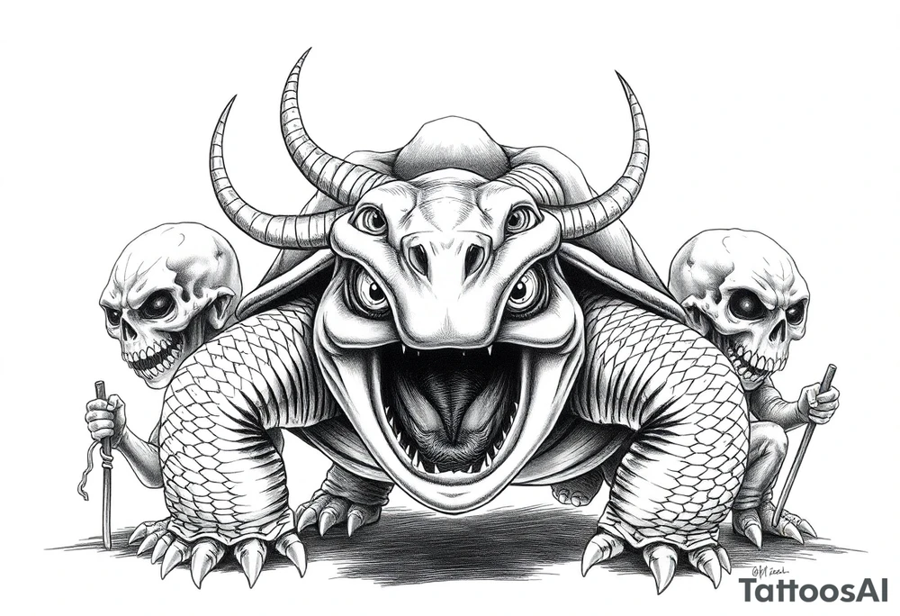 A giant and his 2 slaves powerful and angry turtle with goat horns and huge teeth and ALIEN EYES tattoo idea