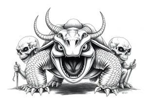 A giant and his 2 slaves powerful and angry turtle with goat horns and huge teeth and ALIEN EYES tattoo idea
