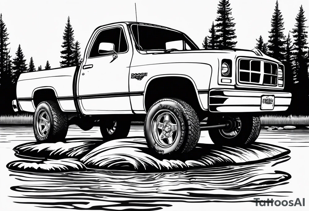 1996 2nd gen dodge ram 1500 single cab short bed in front of a pond with a sign that says gone fishing 
With a mansitting and fishing in the pond tattoo idea