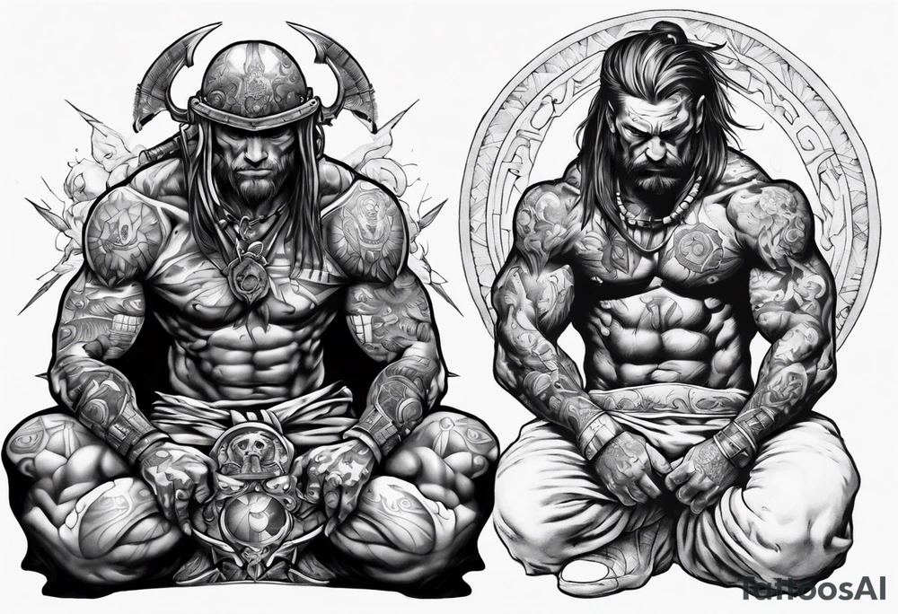 Peaceful and savage warrior kneeling with the whole world on his shoulders. tattoo idea