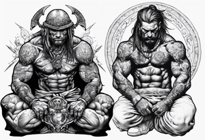 Peaceful and savage warrior kneeling with the whole world on his shoulders. tattoo idea