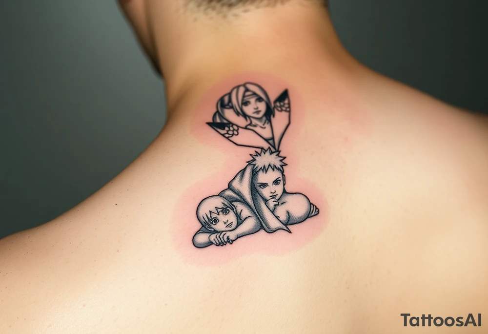 Naruto's Kyubi in the upper part of the arm next to Kushina, in the middle part to Minato with the Parka and in the lower part to newborn Naruto, in an anime style and like a manga tattoo idea