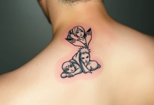 Naruto's Kyubi in the upper part of the arm next to Kushina, in the middle part to Minato with the Parka and in the lower part to newborn Naruto, in an anime style and like a manga tattoo idea