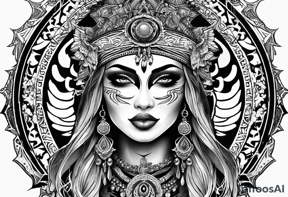 black kali, goddess pirate, pachamama, valkrye, warrior, skull, lotus azul, wing, eagle, zenza resonance, stars tattoo idea