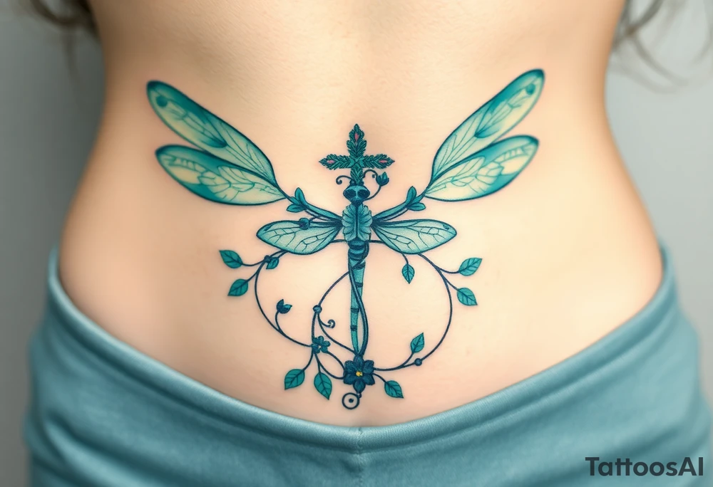 A cross made of twisting vines and flowers, with dragonfly-like wings in shades of teal and green tattoo idea