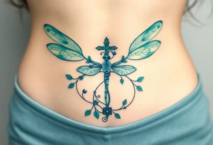 A cross made of twisting vines and flowers, with dragonfly-like wings in shades of teal and green tattoo idea