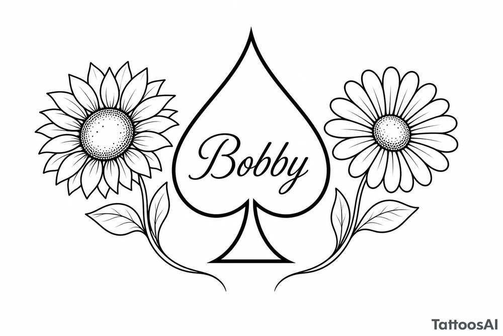 Bobby middle center inside the middle of the spade with a sunflower and a daisy on each side of the spade very super extremely traceable to trace onto notebook paper, very super extremely easy and simple traceable tracing black and white outlining outline coloring pages very super extremely traceable to trace onto notebook paper tattoo idea