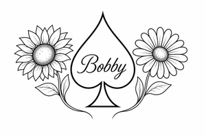 Bobby middle center inside the middle of the spade with a sunflower and a daisy on each side of the spade very super extremely traceable to trace onto notebook paper, very super extremely easy and simple traceable tracing black and white outlining outline coloring pages very super extremely traceable to trace onto notebook paper tattoo idea
