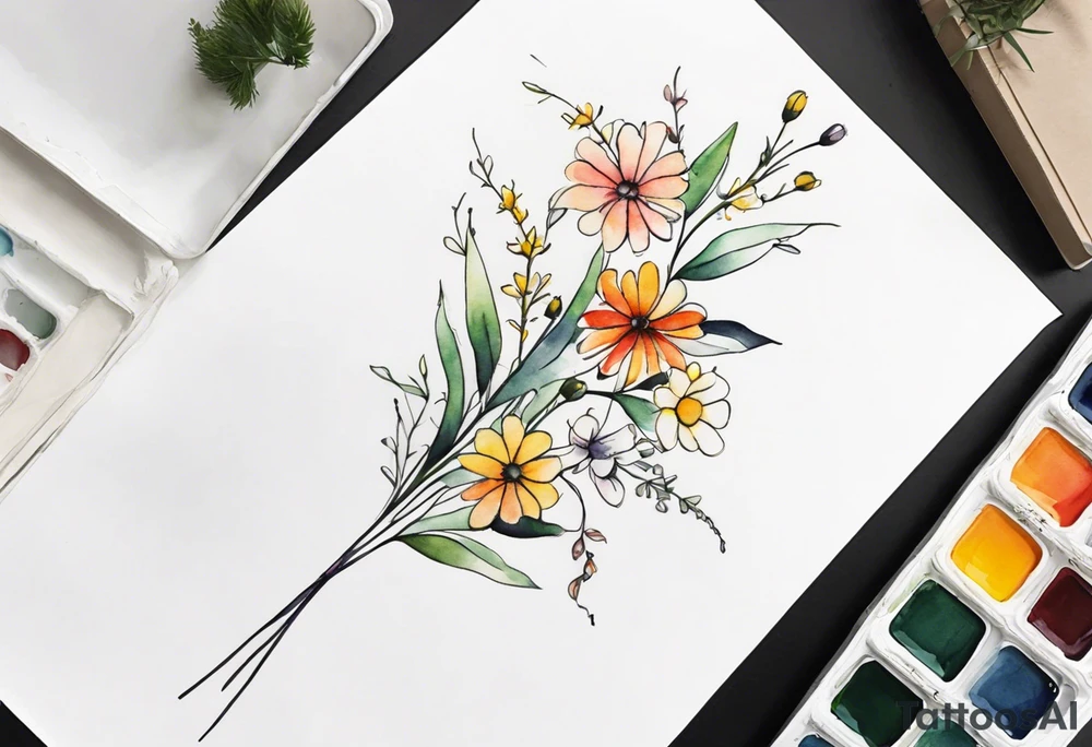 wild flowers long stems bouquet all watercolor tattoo idea