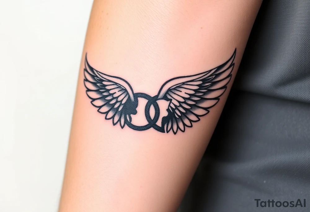 “Wing that shows struggle without glorifying ‘brokenness’—more mended/covered/cared for. Clean blackwork, gentle shading, small scripture reference optional, autism-affirming infinity loop (not puzzle piece tattoo idea