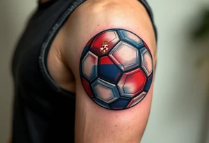 A half-sleeve design where a soccer ball morphs into the Slavia crest with realistic shading. tattoo idea