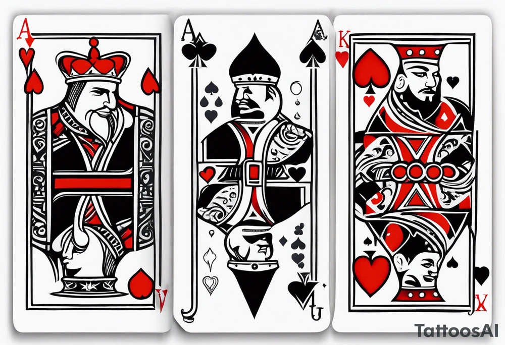 one combined tatto in minimalistic style with three king of spades and one queen of hearts tattoo idea