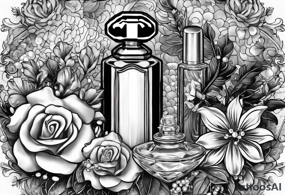 1950s perfume bottle and 1950s lipstick tube wrapped with pearls, hair bows, flowers, and lace. tattoo idea