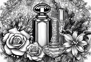 1950s perfume bottle and 1950s lipstick tube wrapped with pearls, hair bows, flowers, and lace. tattoo idea