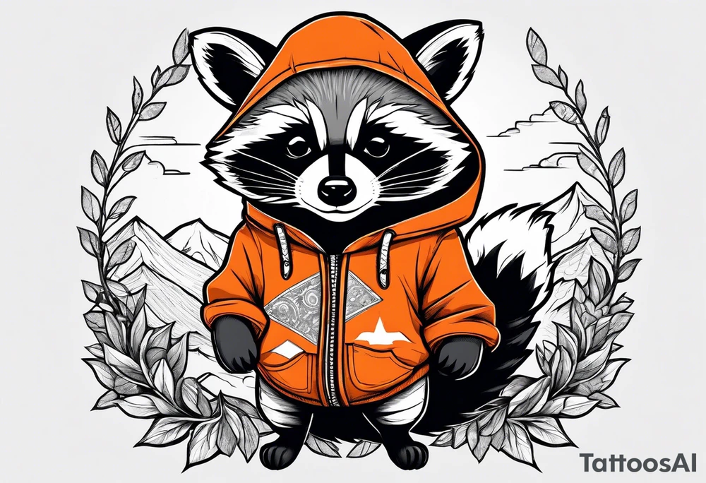 Raccoon wearing an orange Superman hoodie tattoo idea