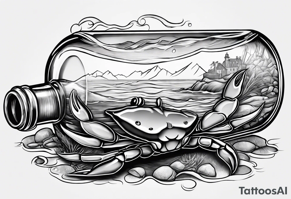 A message in a bottle. Rolled up map inside the bottle. crab outside protecting the bottle. tattoo idea
