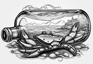 A message in a bottle. Rolled up map inside the bottle. crab outside protecting the bottle. tattoo idea