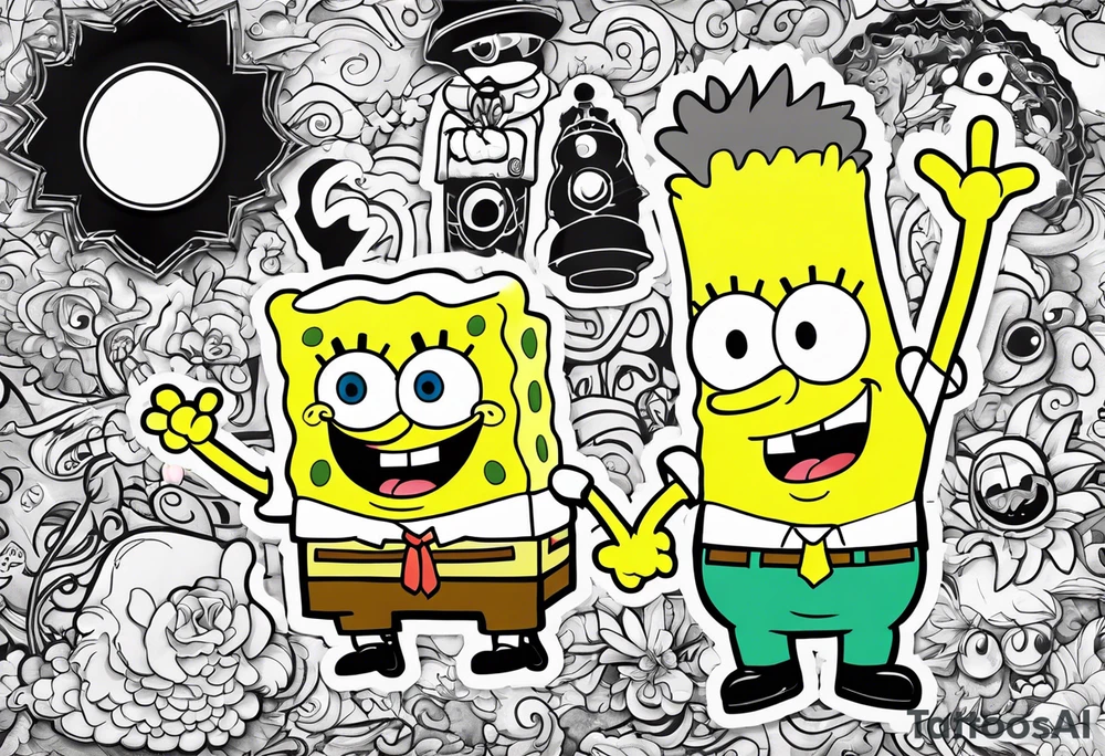Black and white cartoon of SpongeBob SquarePants and the South Park characters tattoo idea
