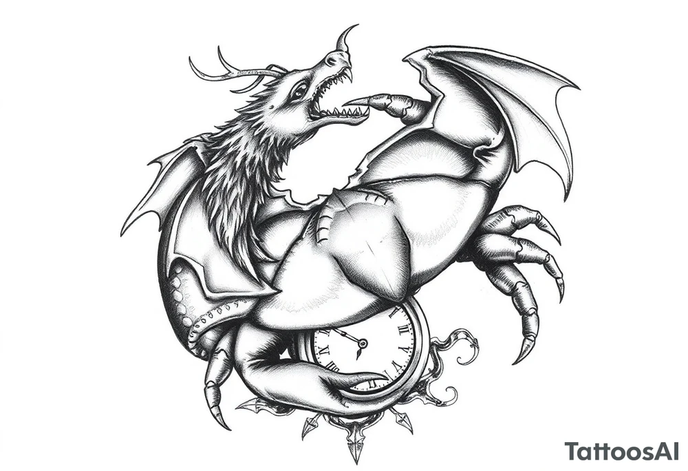 Dark cancer zodiac sign tattoo with dragon and clock on background tattoo idea