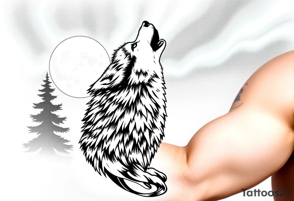 lone wolf howling at full moon with northern lights backdrop tattoo idea