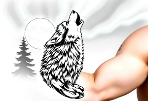 lone wolf howling at full moon with northern lights backdrop tattoo idea