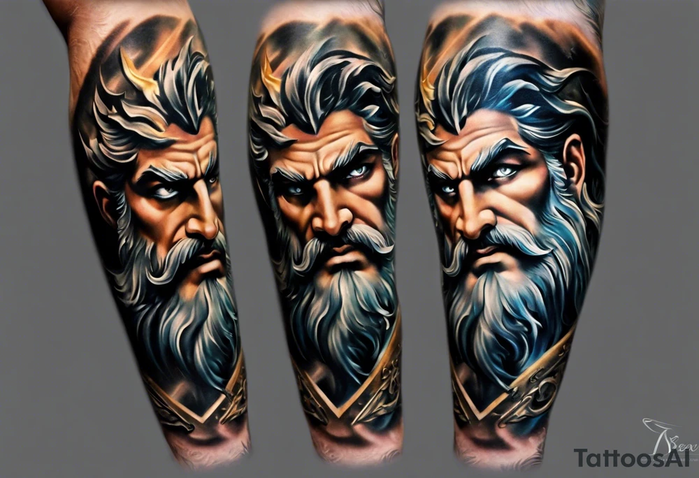 Full left arm tattoo sleeve with the Greek gods, Zeus, Poseidon and Hades. Zeus' face with a lightning bolt coming out of one eye is at the left shoulder, Poseidon's  face with a trident as one of his eyes is at the left upper arm and Hades' face with 
a bident as one of his eyes is at the left forearm. tattoo idea