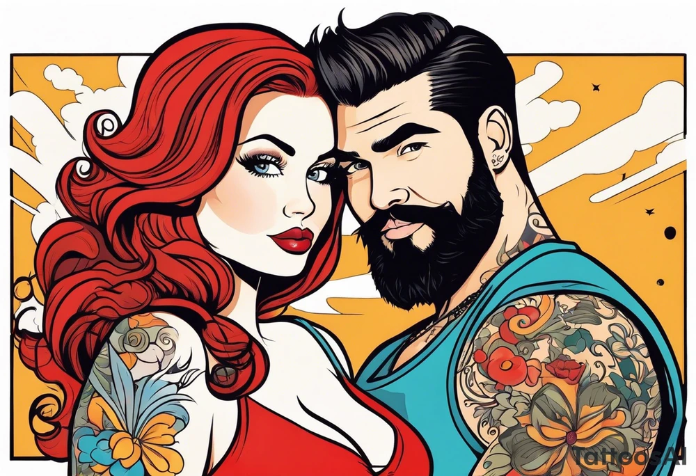 Busty Red haired woman with black haired bearded man tattoo idea