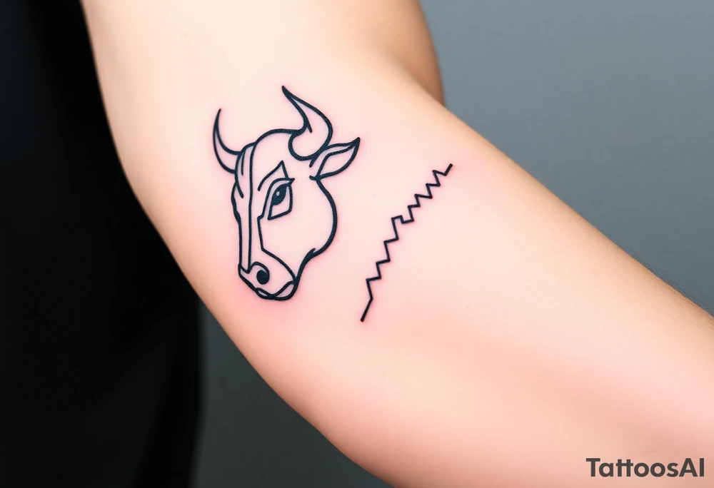 Create a minimalist black line tattoo of a bull’s head that transitions into an upward-trending candlestick stock chart. The design should have clean, fluid lines and combine the bull’s face and horns on the left, with the candlestick chart rising to the right, forming the shape of the bull’s jaw/neck. Keep the style simple and elegant, suitable for a forearm or upper arm tattoo.” tattoo idea
