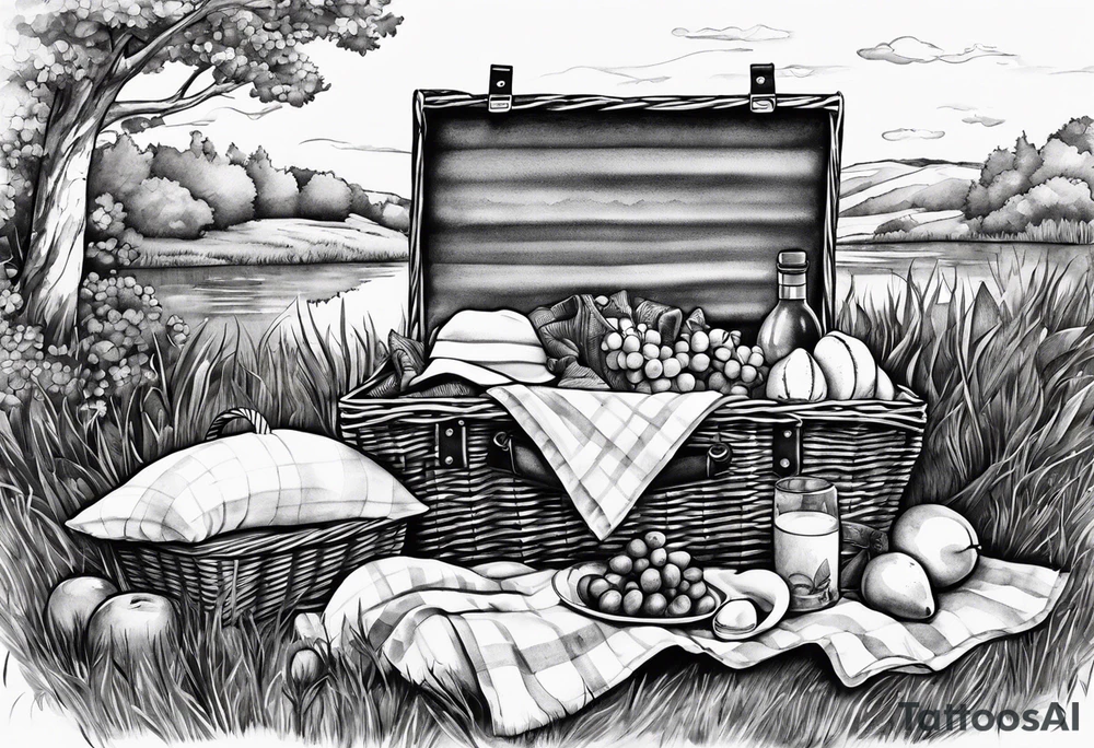 picnic scene in nature with a shecker blanket, a picnic basket and pillows. no food tattoo idea