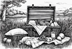 picnic scene in nature with a shecker blanket, a picnic basket and pillows. no food tattoo idea