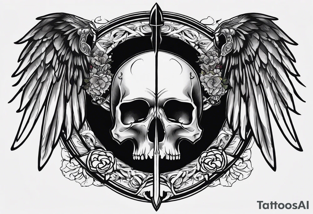 In the center is a half skull pierced by a large sword. On either side of the skull, there are spread angel wings, creating an impression of protection and majesty. Beneath the skull is a ribbon that weaves through both the skull and the sword tattoo idea