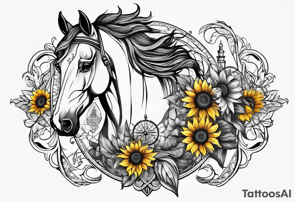 Horse, compass, sunflower tattoo idea