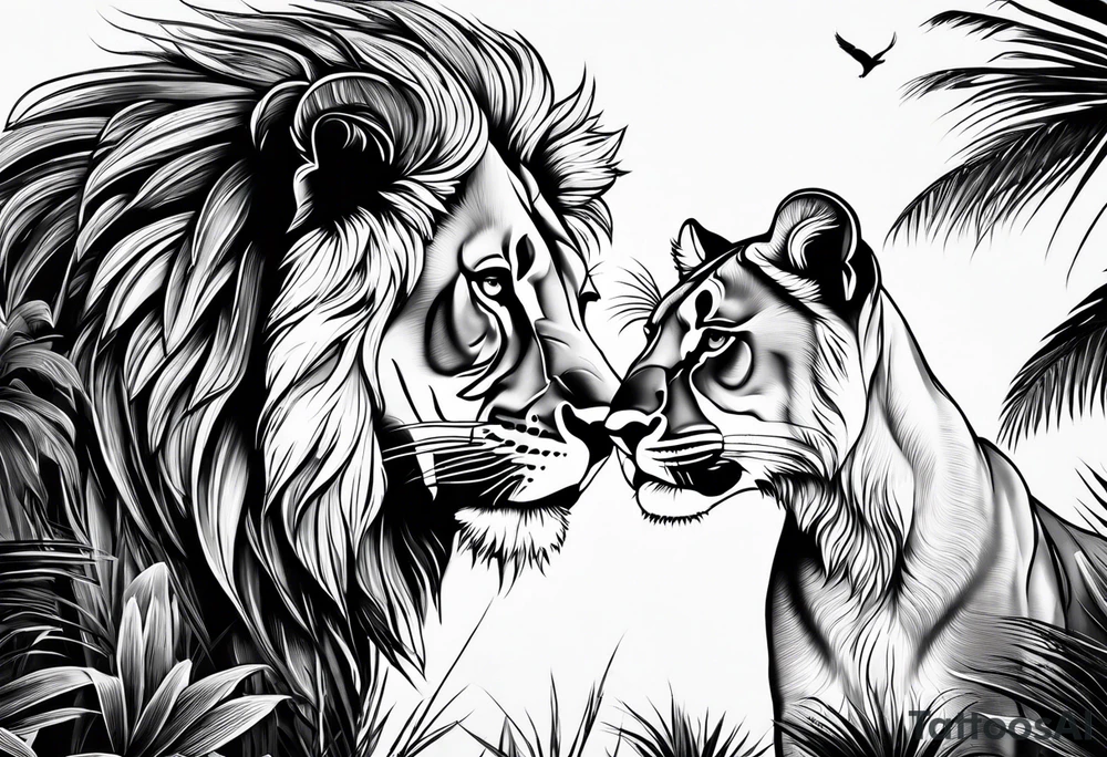 lioness and cub sun palm tree tattoo idea