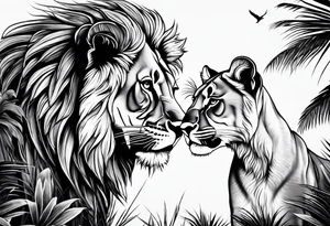 lioness and cub sun palm tree tattoo idea