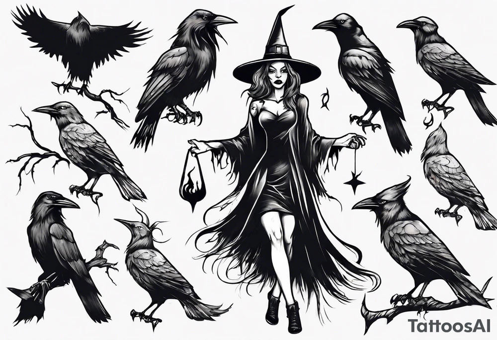 witch with crows tattoo idea