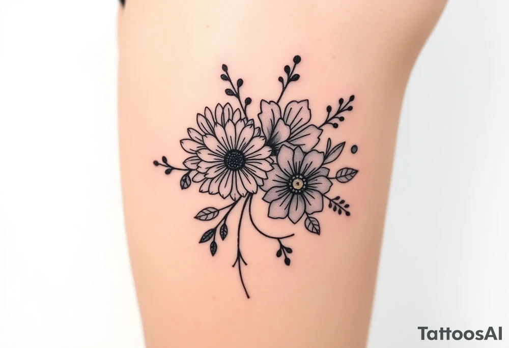 Honeysuckle, marigold, chrysanthemum, and violet bouquet tattoo idea