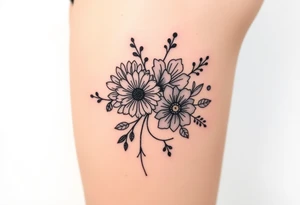 Honeysuckle, marigold, chrysanthemum, and violet bouquet tattoo idea