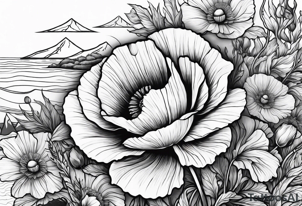 Poppy flowers with colorado mountains and the ocean tattoo idea