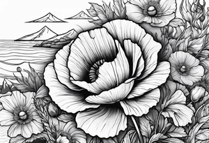 Poppy flowers with colorado mountains and the ocean tattoo idea